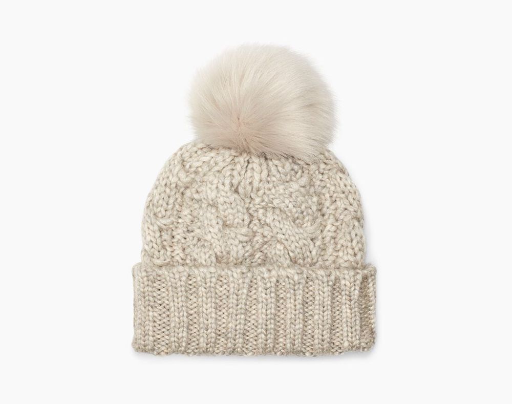 Ugg Knit Cable Faux Fur Pom - Womens Beanies - Light Grey - NZ (8231GODUQ)